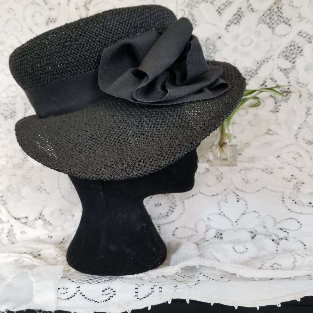 Gothic Barbie 90s Black hat, Vintage sun hat, Wide woven brim w ribbon & bow